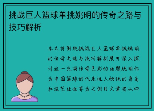挑战巨人篮球单挑姚明的传奇之路与技巧解析